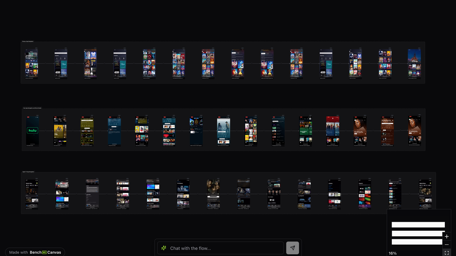 Streaming app UX comparison map showing Disney+, Hulu and Apple TV browsing and playback flows
